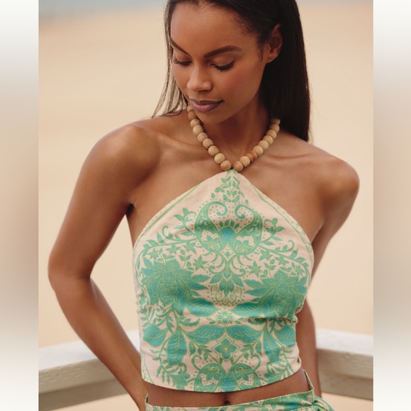 Ollari Tops - Ollari Linen Blend Beaded Printed Halter Cami NWT Anthropologie XS/S